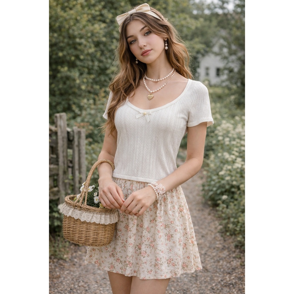 The Prairie Rachel Ashwell Knit Crop Top XL White Pointelle Bow Coquette Cottage
